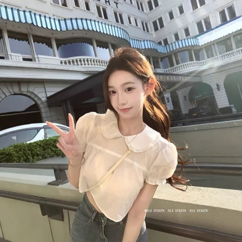 Korean-style cute design doll collar puff sleeve shirt for women, 2026 summer new style, elegant top for petite women Korean-style cute design doll collar puff sleeve shirt for women, 2026 summer new style, elegant top for petite women