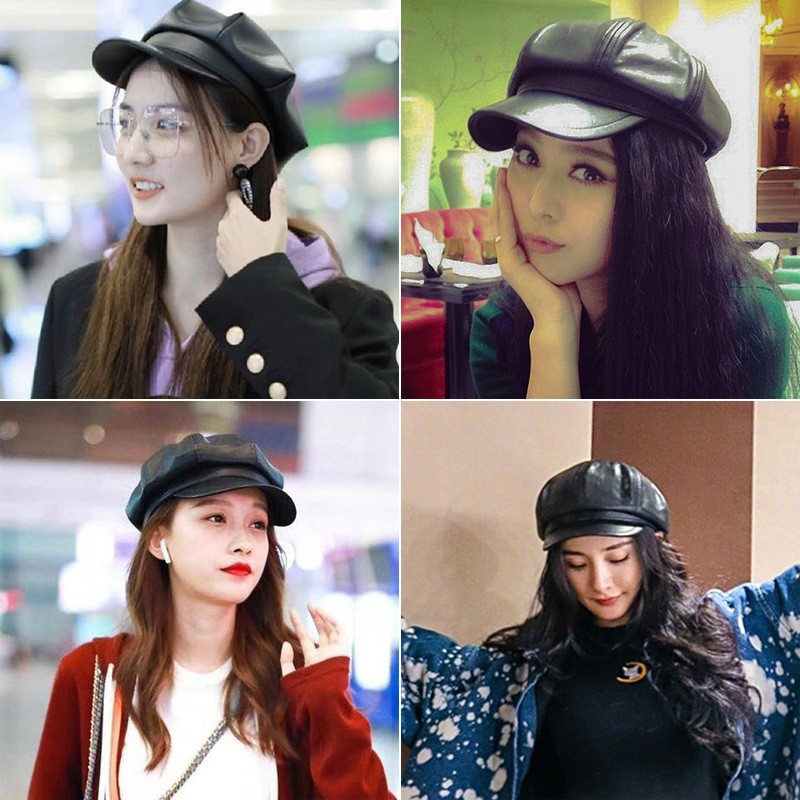 帽子女韩版八角帽显脸小pu皮质鸭舌帽冬季英伦潮流画家帽贝雷帽