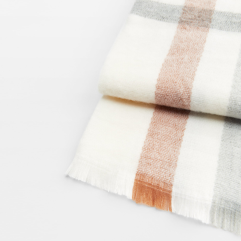 Bufanda blanca a cuadros de diseñador para mujer, cuello de cachemira de imitación cálido con borde de piel suave al tacto, invierno_voghion.com