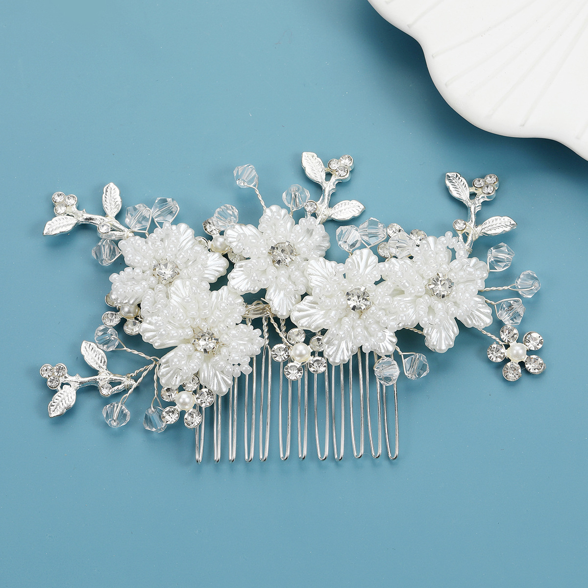 Bridal wedding hair accessories white flowers beaded hair comb