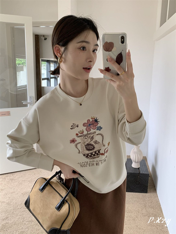 013 慵懒风圆领卫衣女秋季新款薄棉手绘印花宽松休闲女式卫衣百搭|undefined