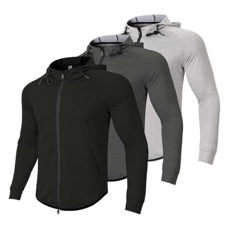 Cross-Border Sports Jacket for Men, Autumn Outdoor Slim-Fit Running Wear, Hooded Zip-Up Sweatshirt, Stretchy Black Quick-Dry