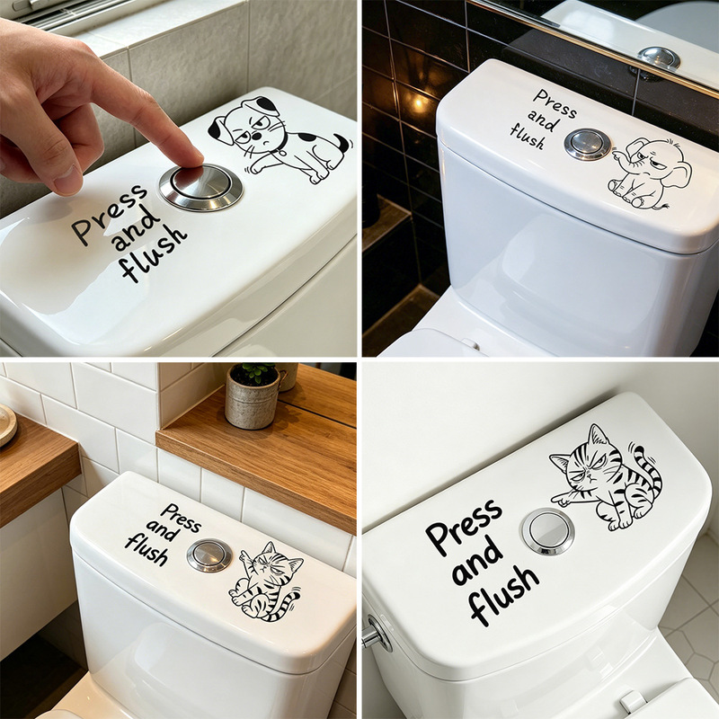 Simple Cartoon Animal Toilet Tank Sticker with English Press-To-Flush Reminder Wall Decal for Home Bathroom Decoration Simple Cartoon Animal Toilet Tank Sticker with English Press-To-Flush Reminder Wall Decal for Home Bathroom Decoration