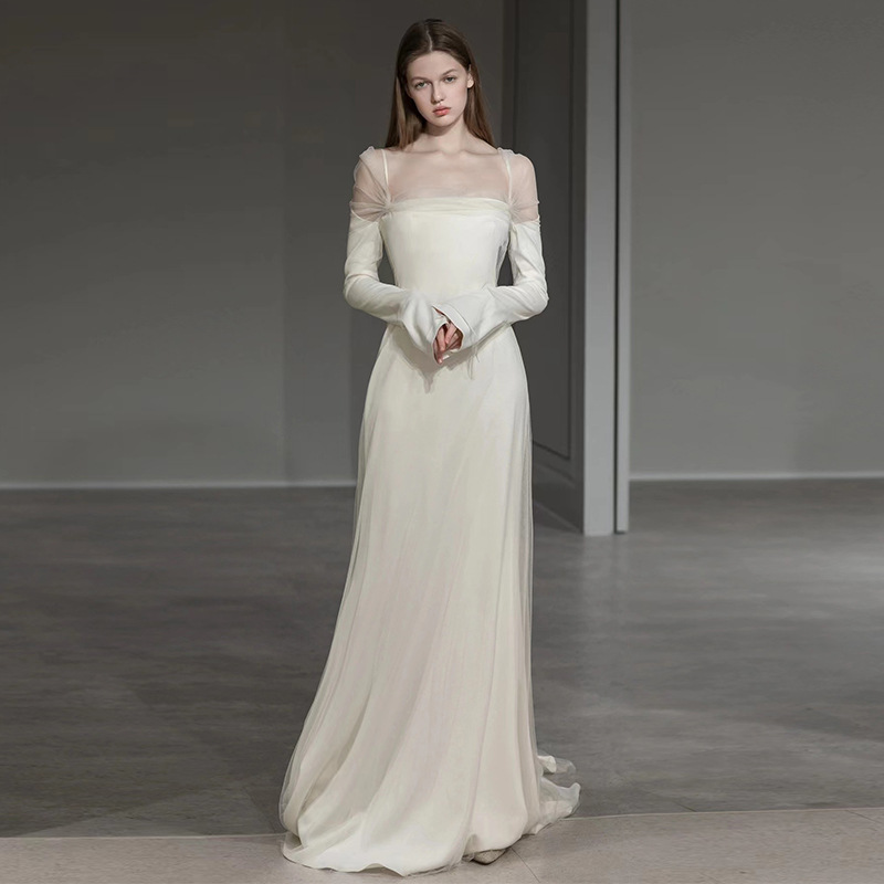Vestido de novia ligero estilo Hepburn francés, nuevo modelo de verano, vestido de noche de satén sencillo con corte sirena y manga larga.