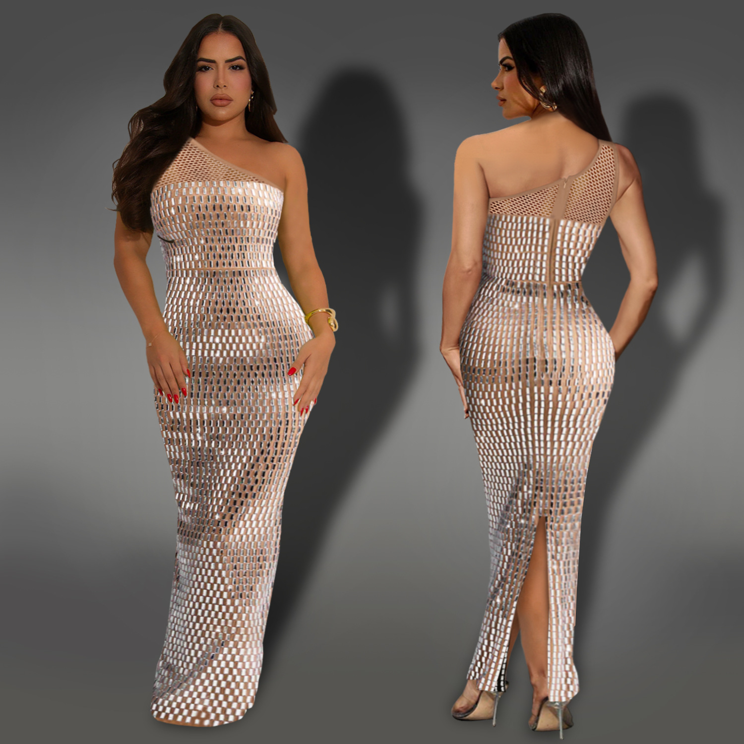 C7422 Cross-border AliExpress Amazon Ropa de mujer de moda europea y americana Vestido sin mangas con hombros inclinados de diamantes calientes de malla sexy image 5
