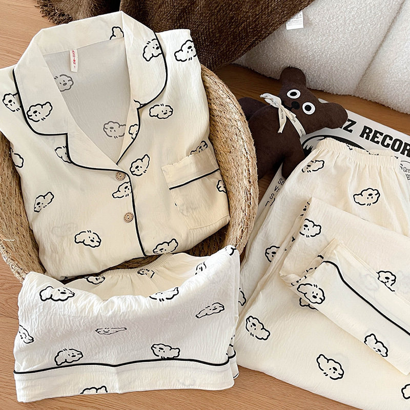 Cool Feeling Puppy Pajamas for Women, Summer Short-Sleeved Long Pants, Korean Style Loose Large Size Cloud Pure Cotton Gauze Home Wear Three-Piece Set