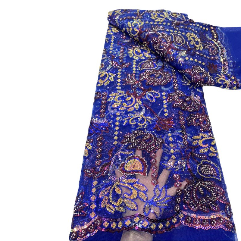 Tela africana multicolor con patrón de ondas grandes y bordado de lentejuelas y cuentas para vestidos, qipao, vestidos de novia y trajes de espectáculo.