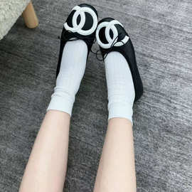 小香风芭蕾舞鞋女25秋新款菱格平底鞋蝴蝶结飘鞋法式复古浅口单鞋