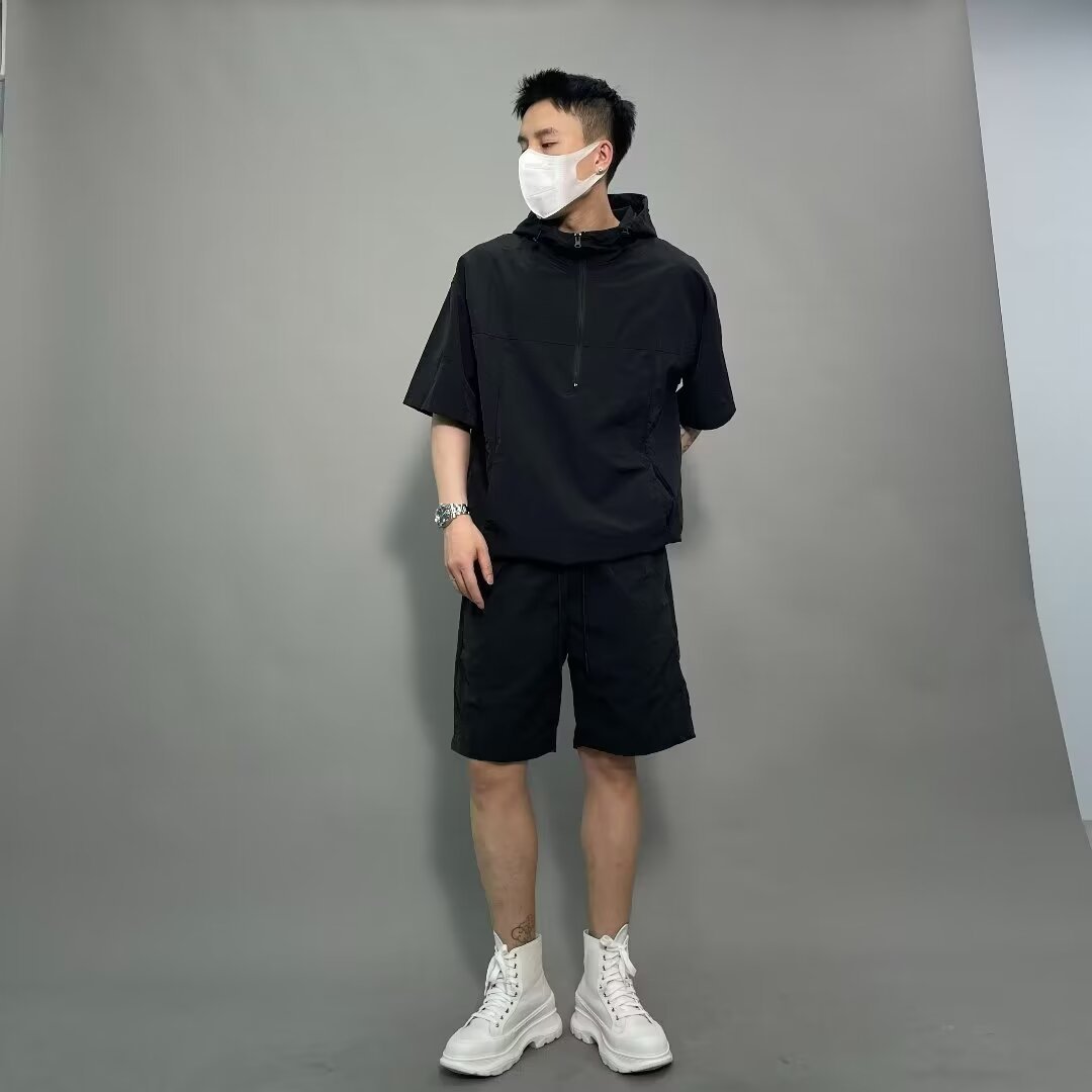 Traje de estilo japonés para hombre de verano, pantalones cortos de manga corta, chaqueta suelta informal, camisa, suéter delgado con capucha