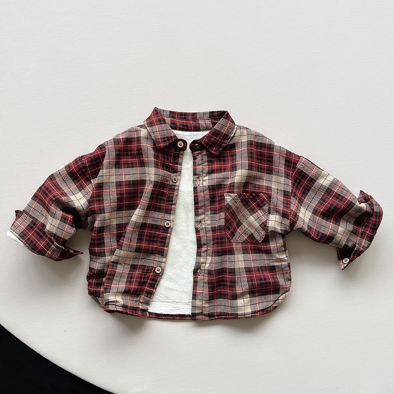 Camisa de cuadros forrado de lana para niños nuevos niños y niñas 2024 invierno estilo coreano retro engrosado camisa tops de los niños