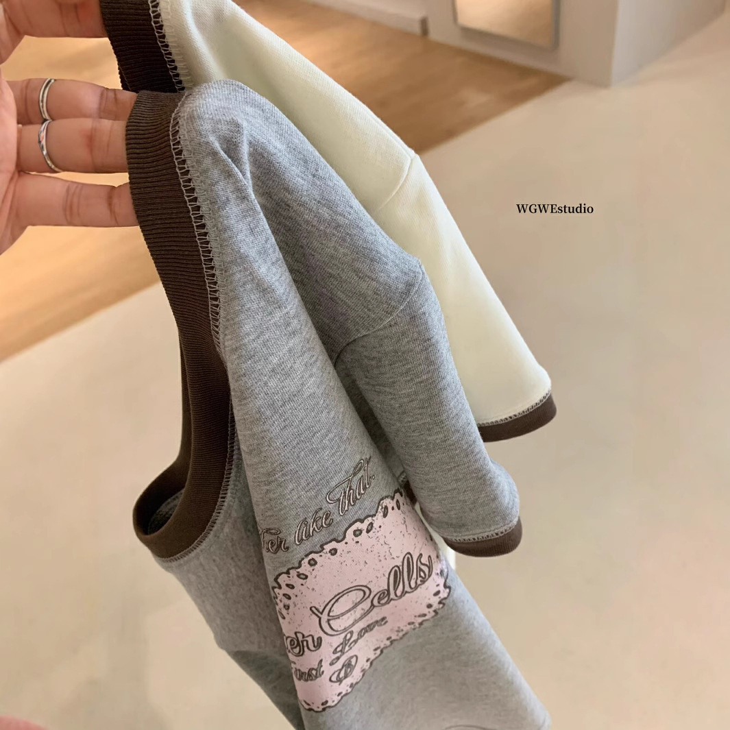 WGWE 夏韓国ブロガー同風万能トップス、スタイリッシュでスリムなプリントラブラウンドネック半袖Tシャツ W5993