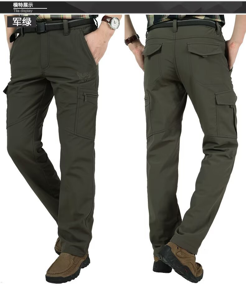 Pantalones de otoño e invierno para hombres, pantalones de asalto de montañismo de hombre con forro polar, impermeable y abrigo pantalones rectos elásticos con múltiples bolsillos nuevos