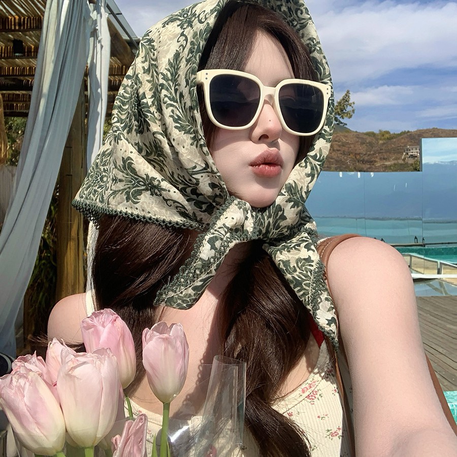 Pañuelo cuadrado de algodón estilo étnico retro mujer playa verano_voghion.com