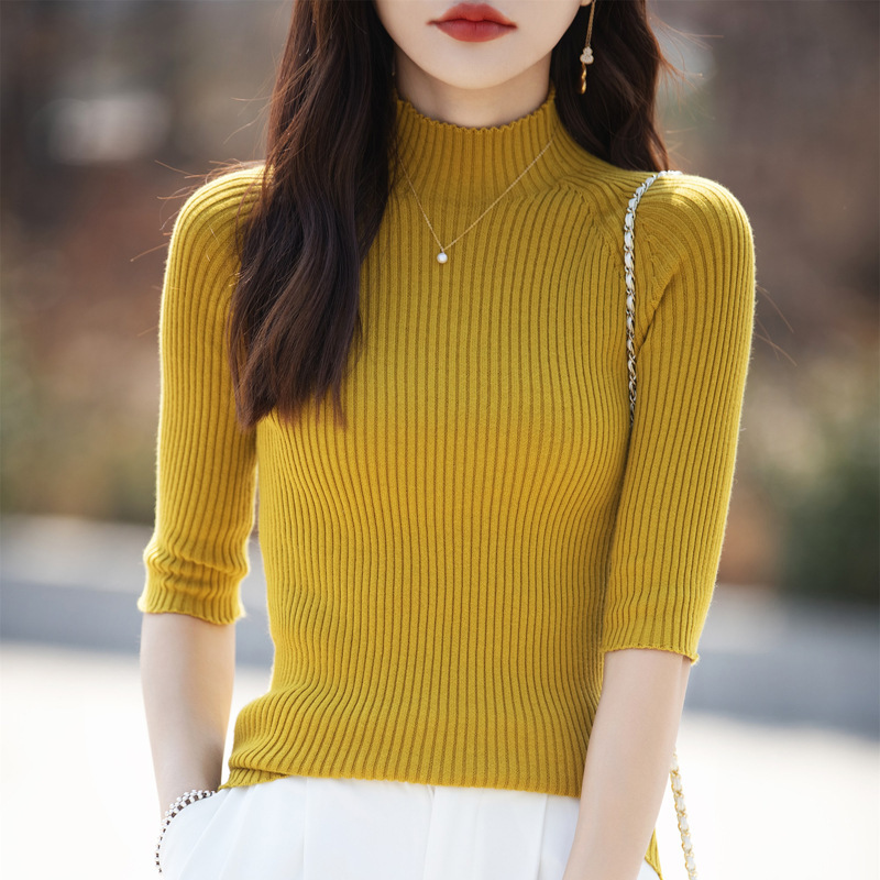 Cotton Half-Sleeved Bottoming Shirt Spring and Autumn Half Turtleneck Thin Top Women's Slimming Look Three-Quarter Sleeve Knitwear Women's Wholesale