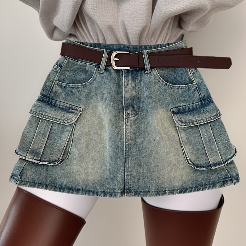 外贸覆古辣妹时尚高腰显瘦双口袋工装牛仔半身裙防走光短裙a字裙