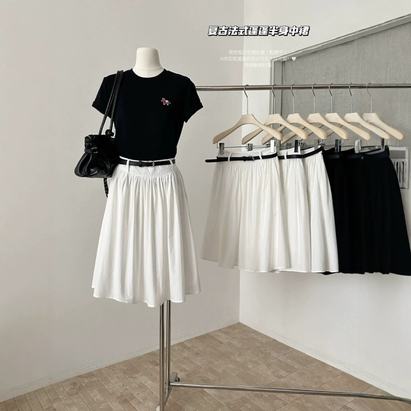 Simple and Stylish White Mid-Length Pleated Skirt for Women, Spring Season, French Style, Comes with a Belt, New Arrival