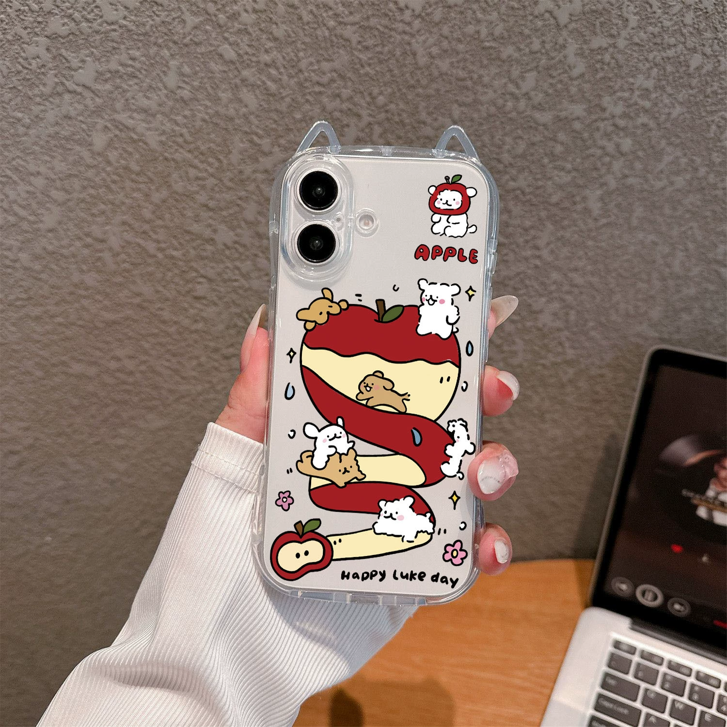 Чехол для телефона (Apple) совместим с iPhone11–17, прозрачный с ушками кота, шнурок опционально