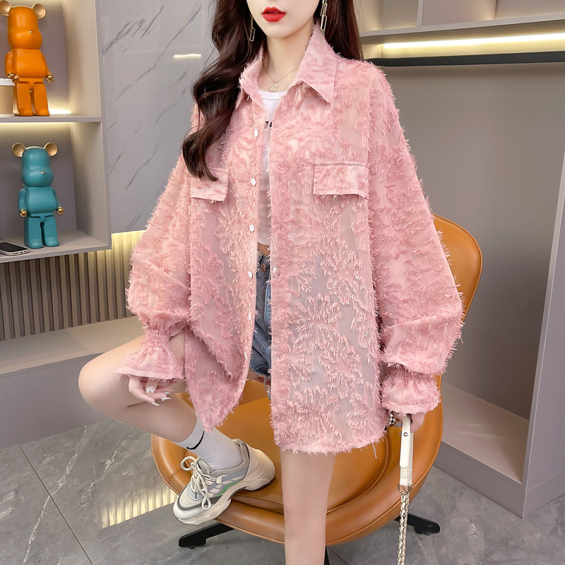 Plus tamaño gordito chica suelta casual todo-partido mediados de-longitud de verano diseño camisa delgada capa de protección solar hueca