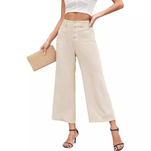 2024 Amazon Women's Linen Pants Summer Button Wide Leg Cropped Pants Casual Cropped Pants with Pocket
