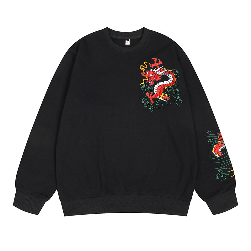 [Special Offer] Autumn and Winter Chinese Style Sweatshirt for Men, National Trend Embroidered Sea Dragon Pattern, Original Pure Cotton Round Neck Jacket Top