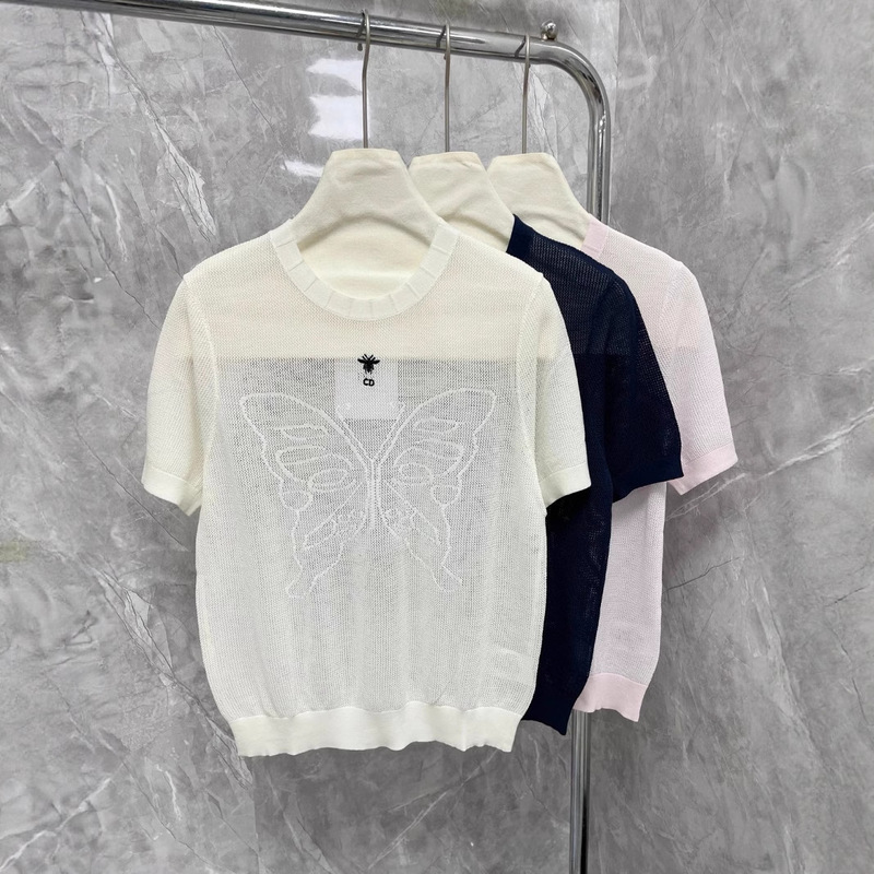 High-Definition Butterfly Jacquard Short-Sleeved Knitwear 25 Years Summer New Style Cut Out Mesh Elegant Elegant Thin T-Shirt for Women