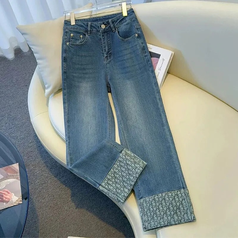 丹宁蓝九分牛仔直筒裤女2025春夏新款翻边印花小个子大码阔腿裤子|undefined