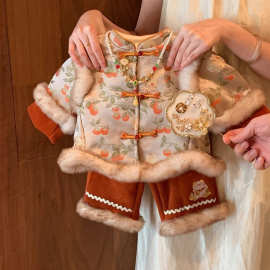 女童国风套装冬装新款周岁中小童宝宝拜年服两件套加绒加厚新年服