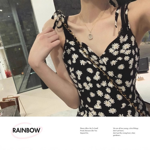Spring 2025 Daisy Floral Print Women's Elegant Slimming Medium-Length French Lilac Strap Dress Summer
