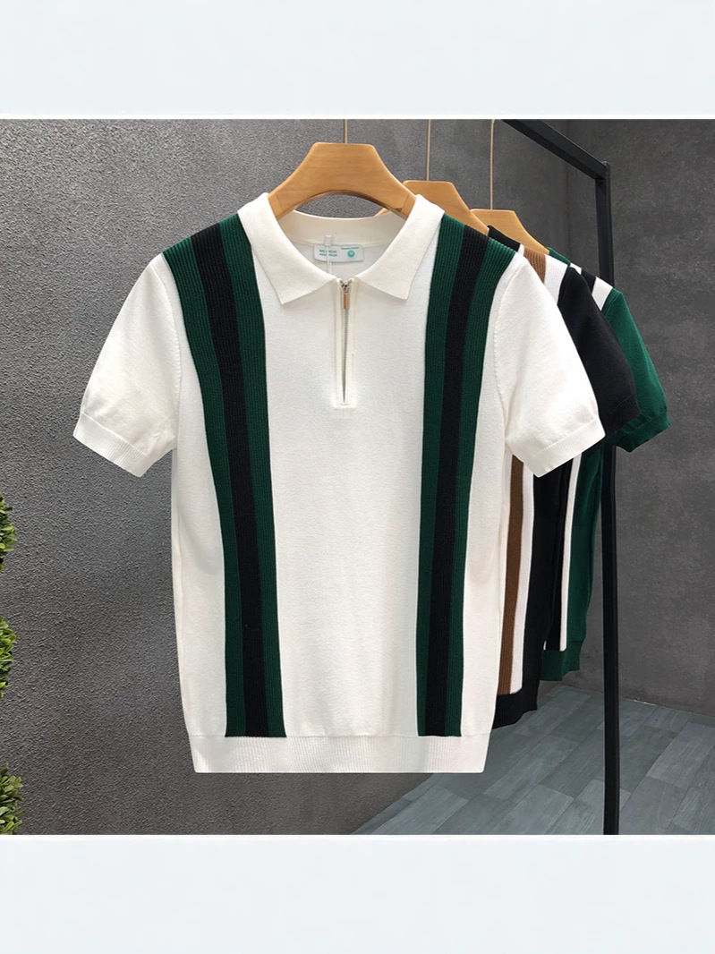 Striped Color-Block Knit Short-Sleeve Men's Summer Casual Oversiz