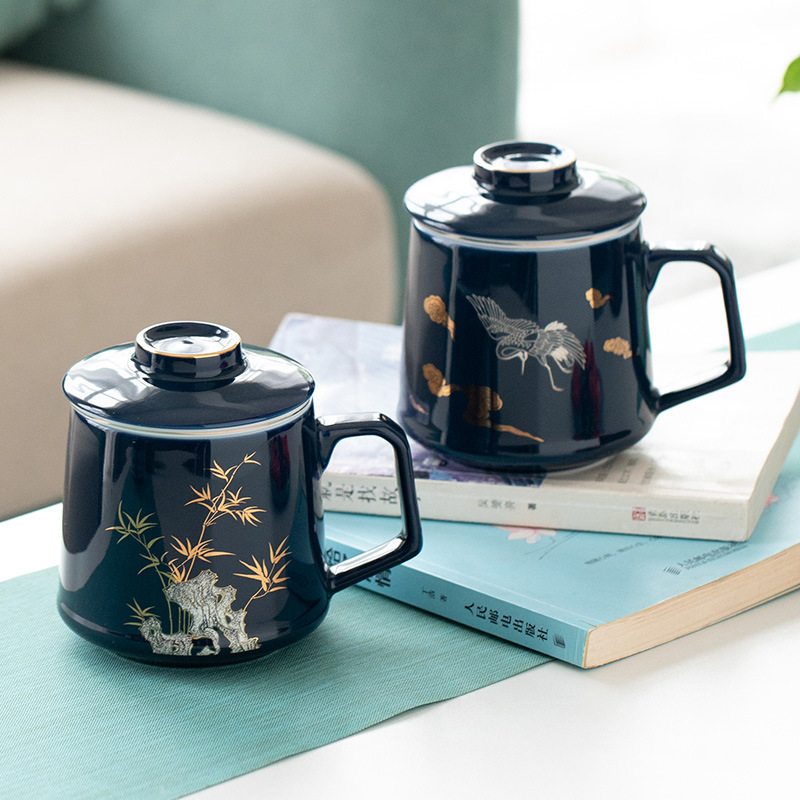 实用霁蓝办公杯水杯带过滤茶水分离杯三件套陶瓷杯子礼品杯印logo