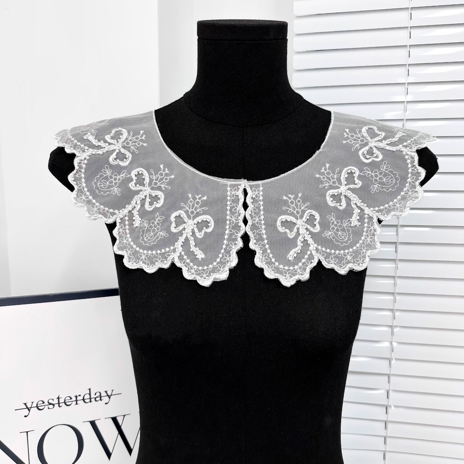 Blanca malla encaje falso cuello arco bordado lazos falso cuello vestido infantil moda versátil artículos image 3