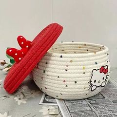 桌面收纳筐可爱KT猫棉线编织带盖收纳筐桌面零食收纳盒杂物整理篮