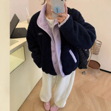 韩国撞色正反两穿羊羔绒外套女冬季新款宽松慵懒好穿保暖立领棉服