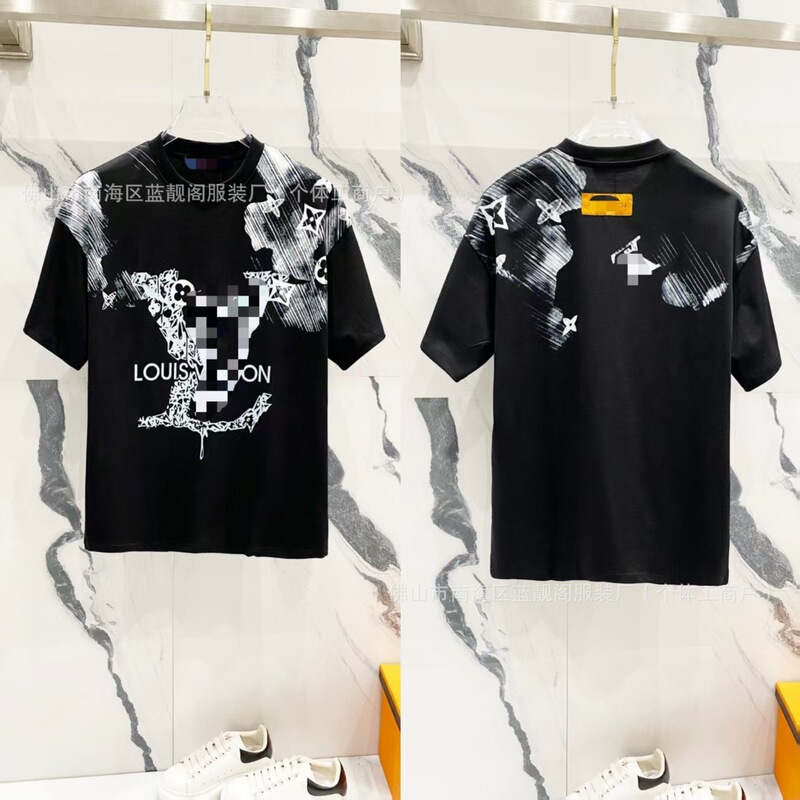 跨境奢潮驴家高品质L满印字母短袖潮牌外贸经典款圆领男女宽松T恤|undefined