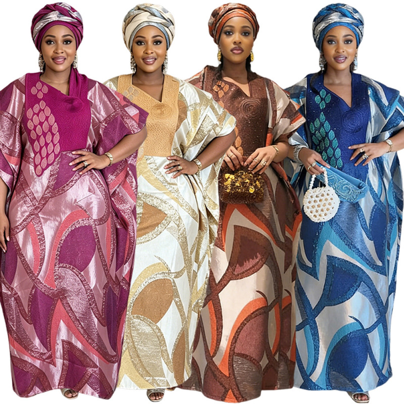 Cross-Border African Women's Embroidered Plus-Size Robe Headscarf Amazon Aliexpress Loose Printed Dress