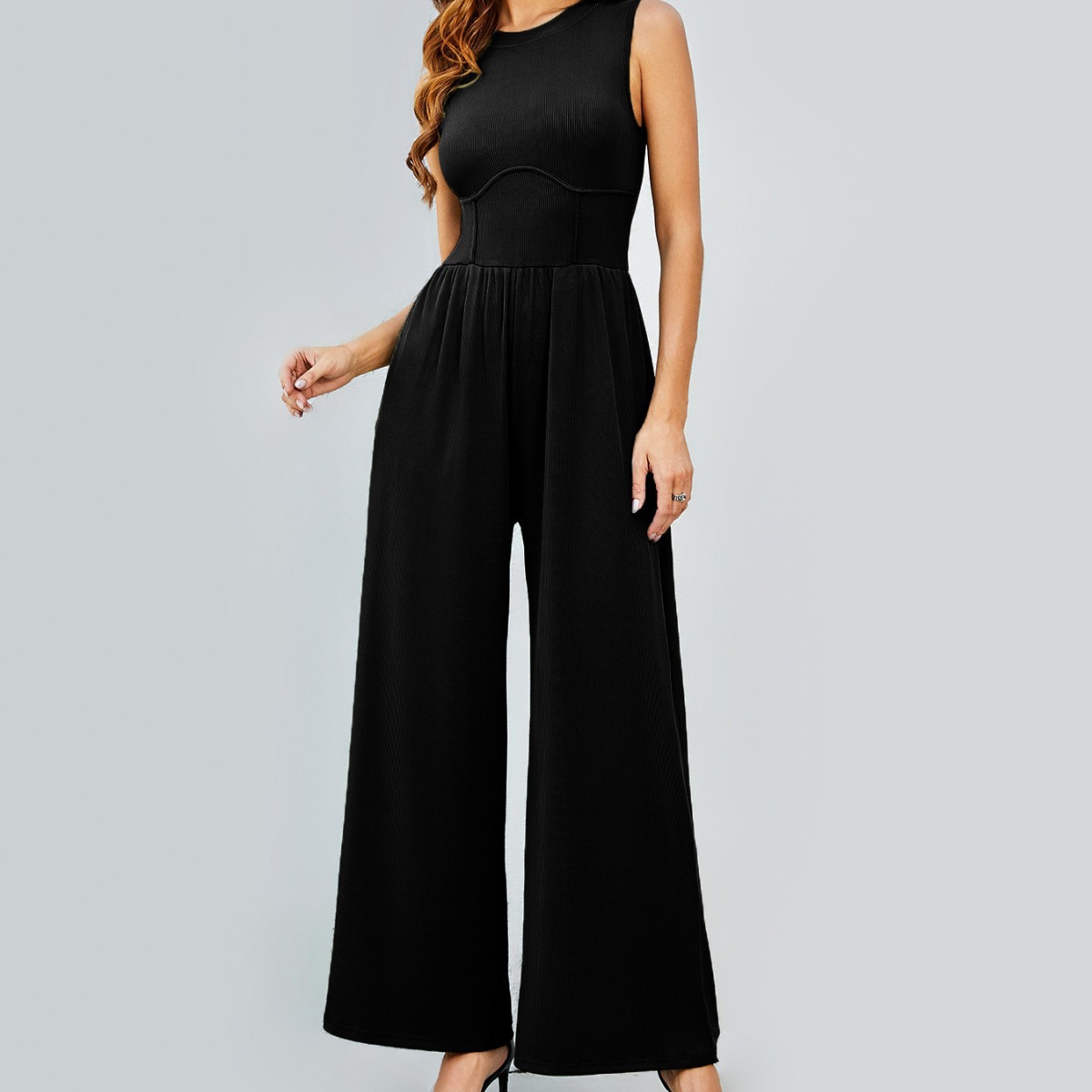 European and American Cross-Border 2026 Spring and Autumn Solid Color Tank Top High-Waisted Slim-Fit Jumpsuit Round Neck Wide-Leg Straight-Leg Women's Clothing