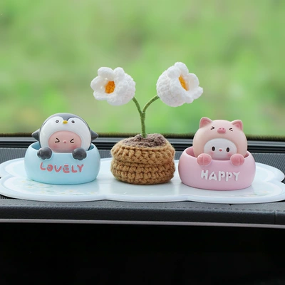 Cute Cartoon Shaking Head Car Ornaments Car Interior Accessories Female Creative Car Center Console Decoration Supplies (Other Automotive Interior Supplies) - penguin-pig-plush-lily-of-the-valley-blue-flower-cushion