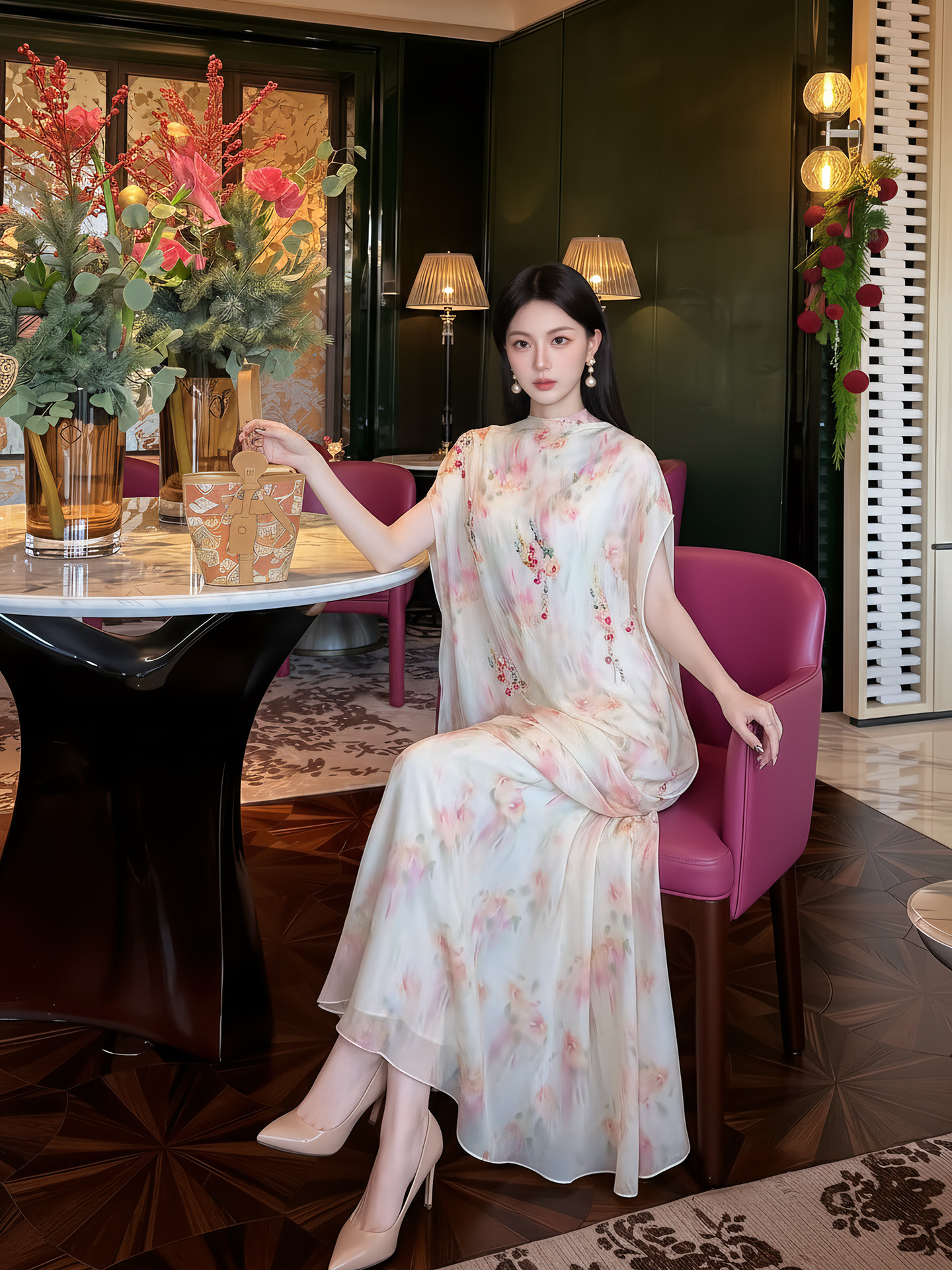Bộ váy áo maxi thắt eo họa tiết hoa phong cách tân cổ điển — Trang chủ, bộ đồ, nửa váy
