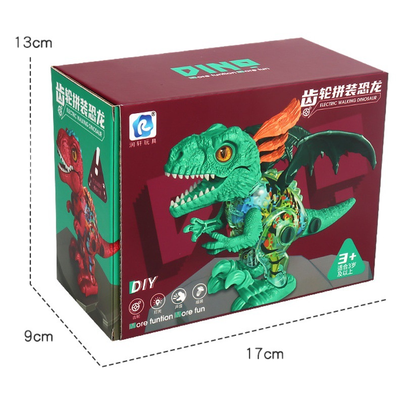 Nuevo engranaje transparente eléctrico dinosaurio música luz automática caminando llama dragón montado dinosaurio modelo de simulación