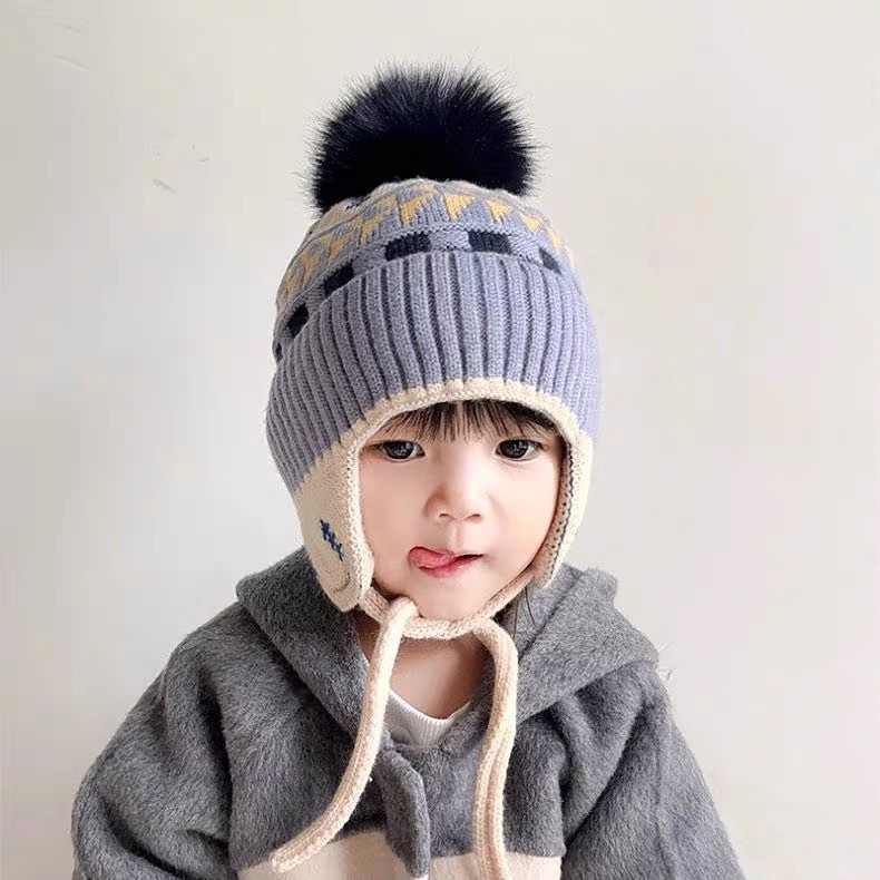 宝宝帽子秋冬款加厚时尚毛球款护耳针织帽冬季男童女孩保暖毛线帽|undefined