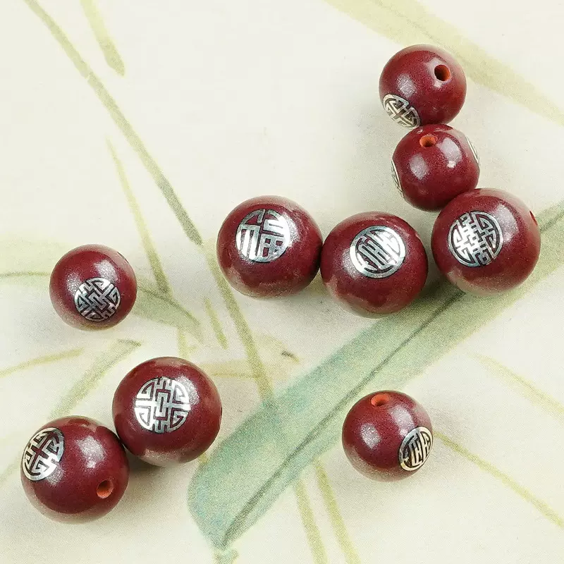 紫金砂镶银福䘵寿喜财饰品配件朱砂镶嵌五路财神散珠串珠配饰定制