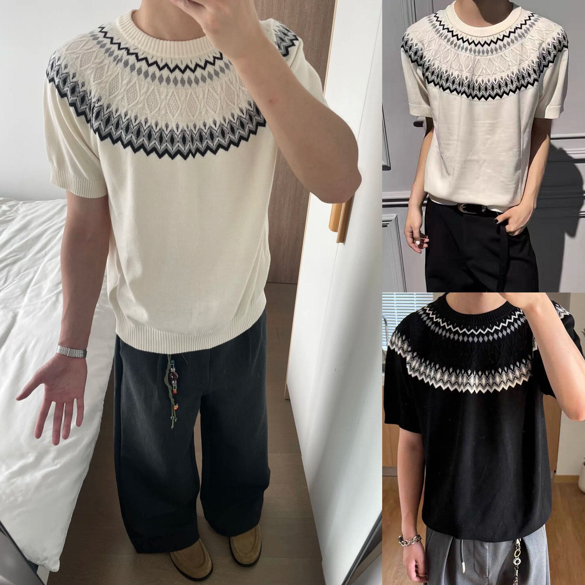 Isla de Fair camiseta de punto de manga corta camiseta de cuello redondo jacquard hombre viejo estilo casual hielo de verano fábrica transfronteriza mayorista