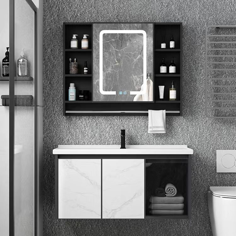 Aluminio del espacio pequeño apartamento baño gabinete combinación cerámica integrado Lavado de Manos cara roca placa lavabo espejo inteligente gabinete