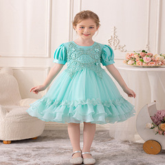 新款泡泡袖蝴蝶結網紗禮服公主裙女花童聖誕連衣裙baby dress