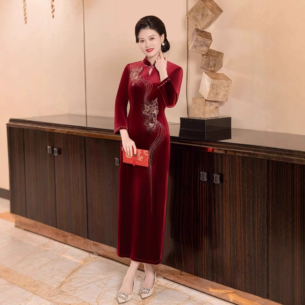 Платье для свадебной мамы благородное элегантное платье с длинными рукавами чонсам для молодой свекрови свадебный банкет