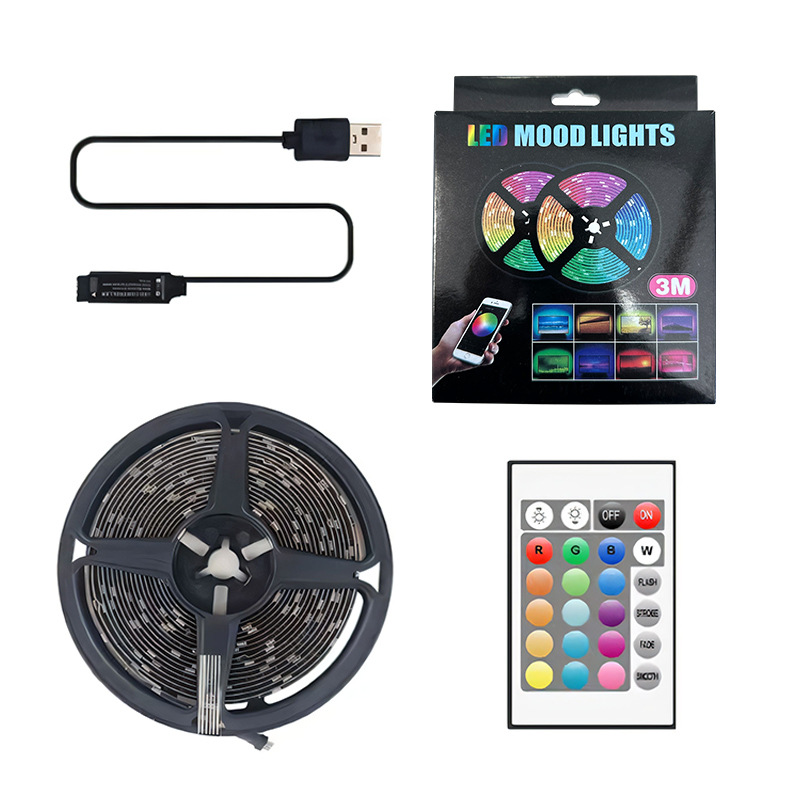 Tira de luces 5050 colorida, control inteligente por APP, 5V bajo voltaje RGB, tira de luces de ambiente, control remoto Bluetooth e infrarrojo