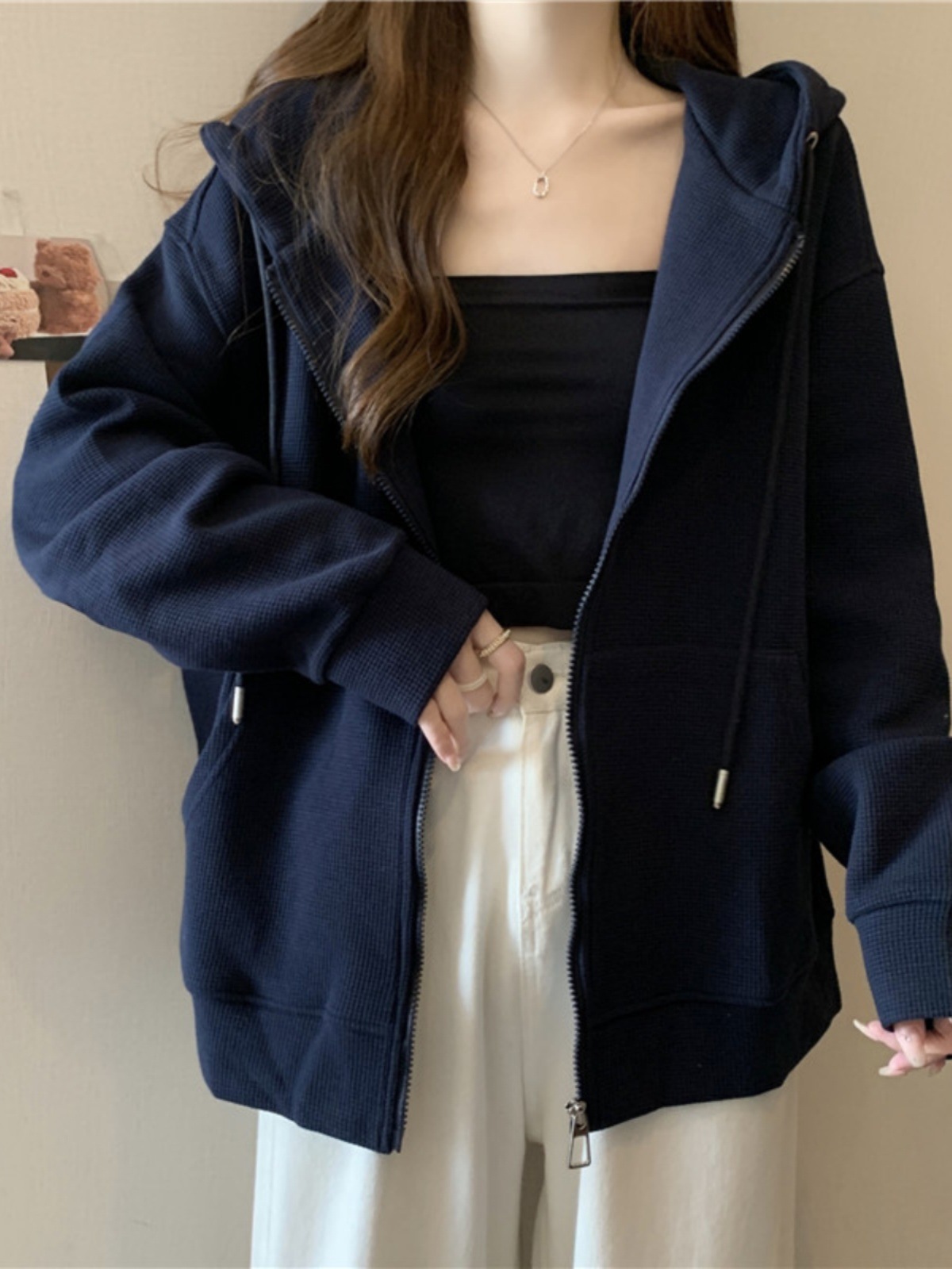 봄과 가을 올 매치 느슨한 슬리밍 와플리 지퍼 카디건 슈퍼 핫 CEC 얇은 후드 스웨트 셔츠 여성용 탑 재킷