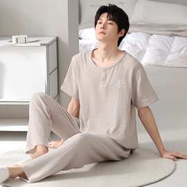 春夏新款纯棉纱布男士短袖长裤套头睡衣简约休闲男家居服