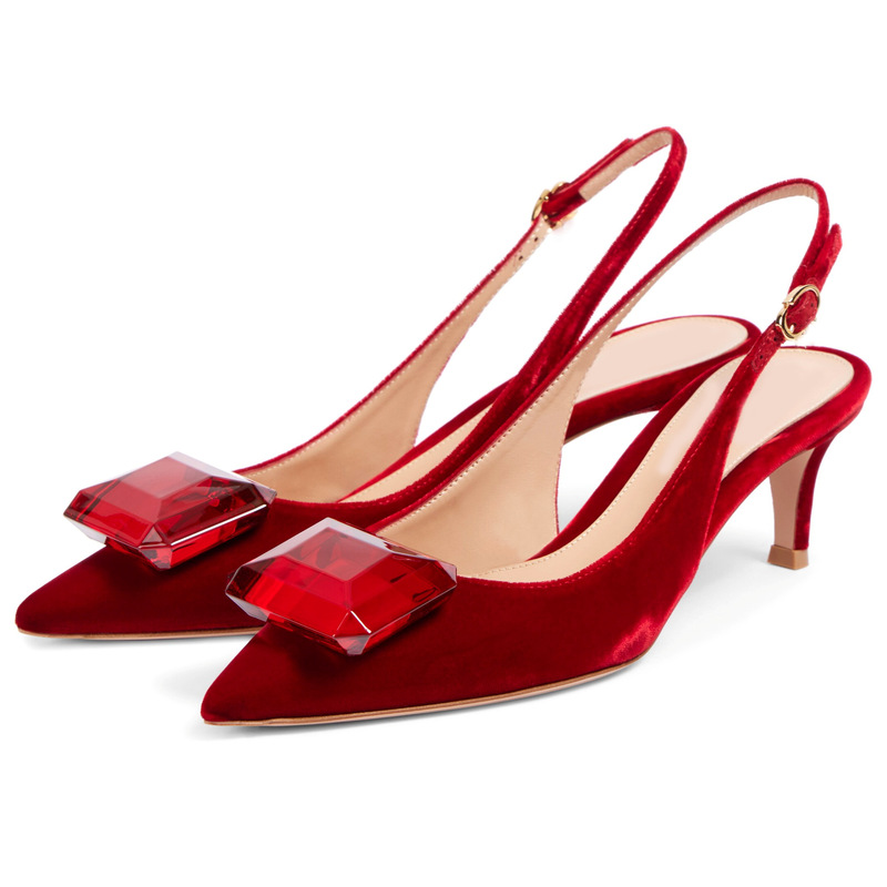Red Velvet Slingback Shoes with Diamond Decoration, European and American Fashion, Large Size Women's Shoes 34-46 Red Velvet Slingback Shoes with Diamond Decoration, European and American Fashion, Large Size Women's Shoes 34-46