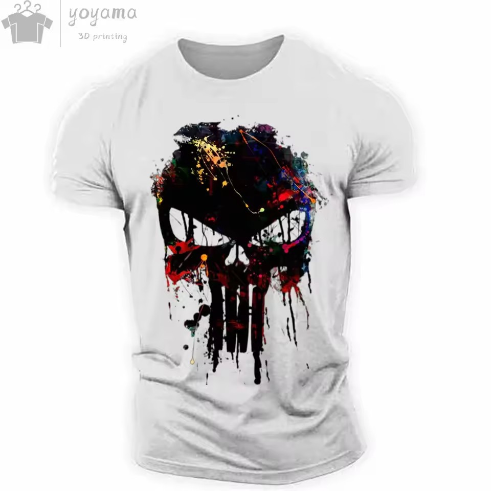 Moda venta caliente tinta calavera graffiti impresión 3D hombres verano calle moda hombro redondo cuello redondo camiseta de manga corta